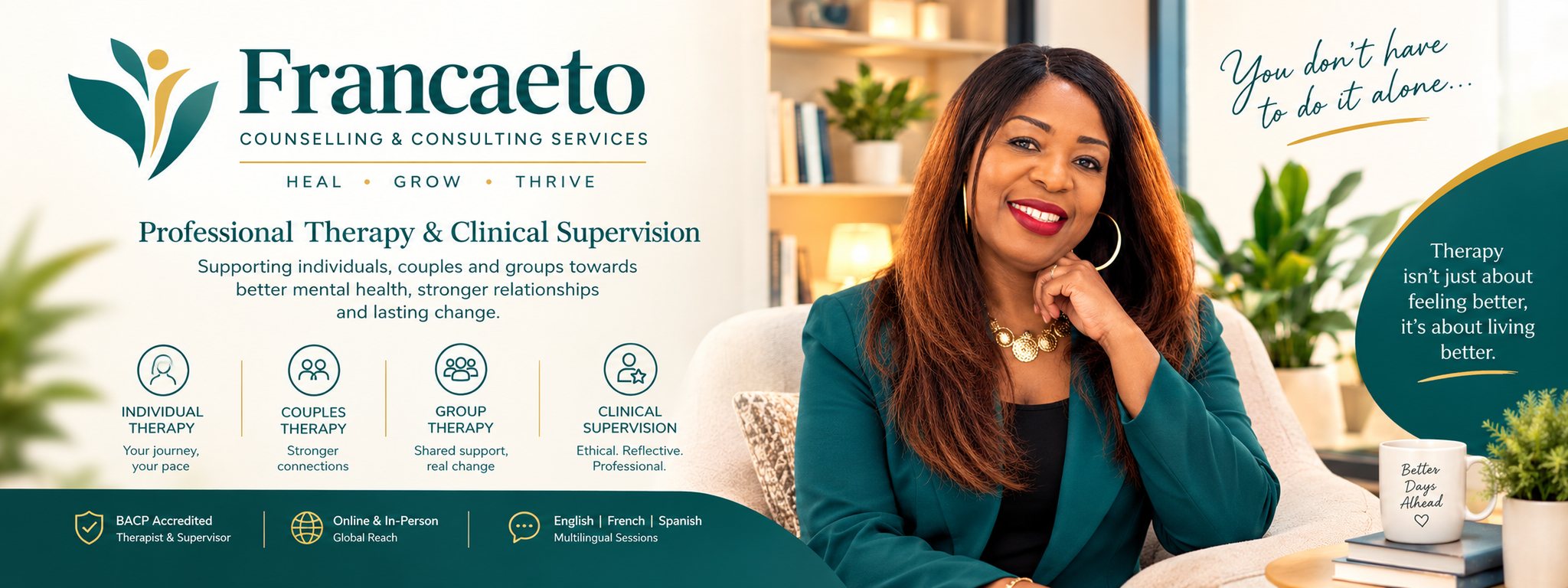 Francaeto Counselling & Consulting Services: professional therapy and clinical supervision with Franca Umukoro. You don’t have to do it alone.